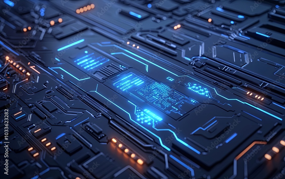 Poster a close-up view of a futuristic circuit board with glowing blue lights and intricate patterns.