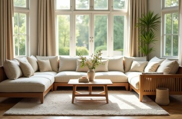Fototapeta premium Cozy living room featuring a white sofa, indoor plants, and natural light during a sunny afternoon