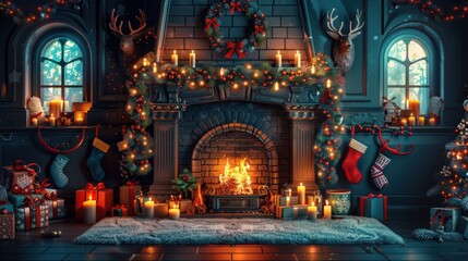 Obraz premium Cozy and inviting Christmas fireplace scene with a roaring fire glowing candles a other festive decor creating a warm and welcoming atmosphere for the holiday season
