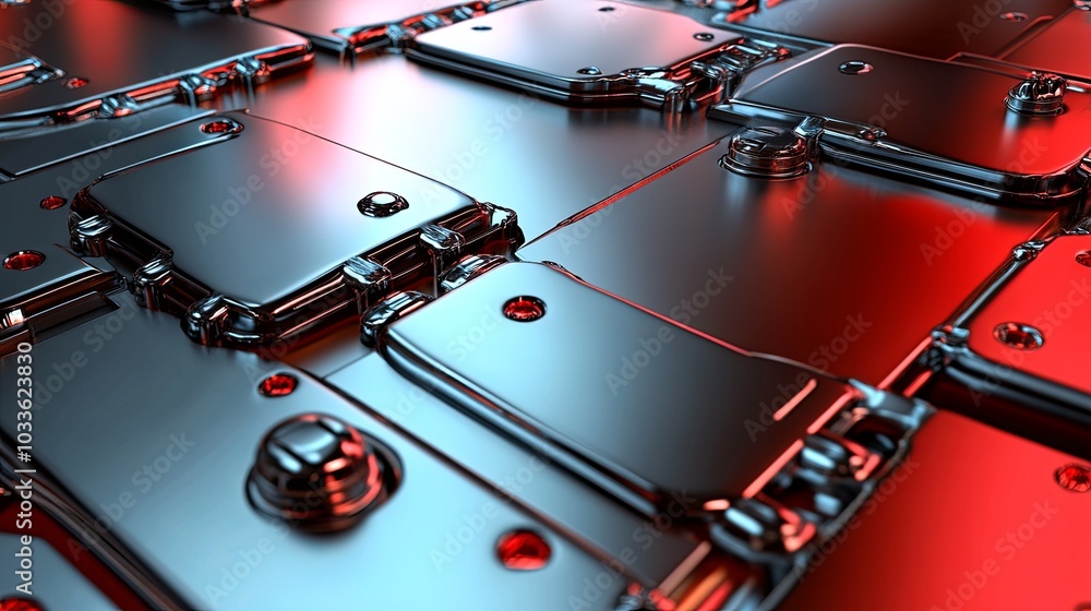 Poster a close-up view of interconnected metallic panels with a glossy finish and red lighting.