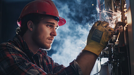 An electrician inspecting a panel box experiencing a short circuit, with visible sparks and smoke in the background. Protective gloves on. --chaos