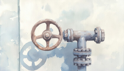 Obraz premium A rusty valve wheel attached to a pipe against a textured wall, showcasing industrial design elements.