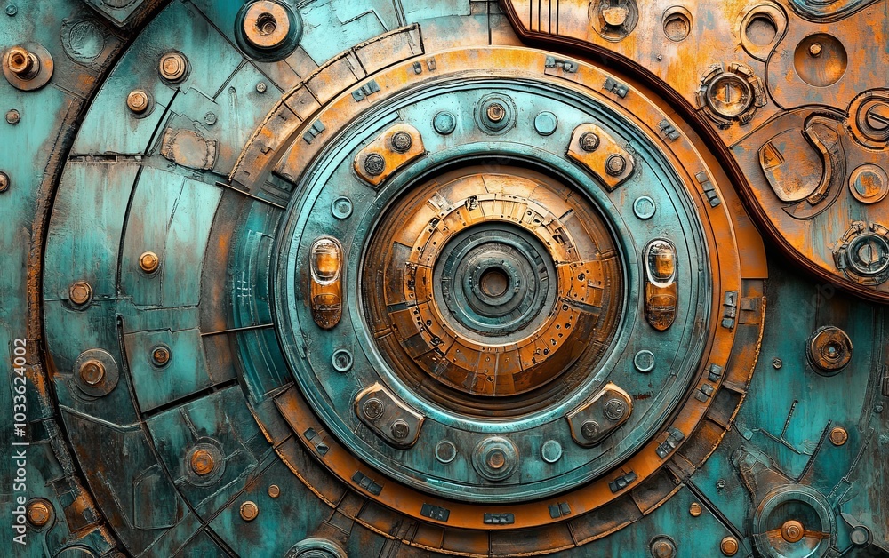 Poster abstract metallic design featuring circular patterns and textures in turquoise and orange hues.