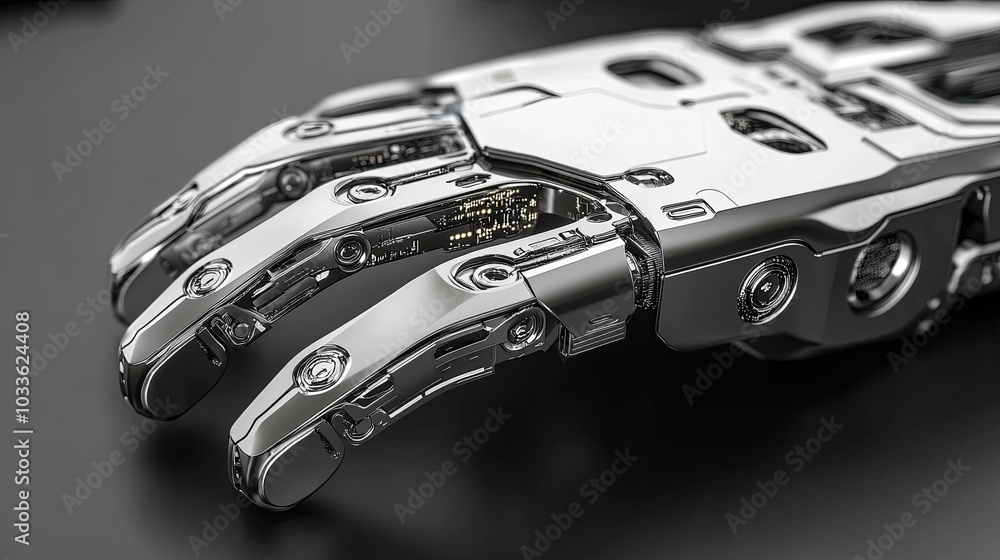 Poster a close-up of a metallic robotic hand showcasing intricate mechanical details and circuitry.