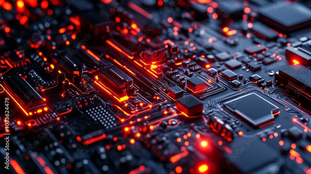Poster a close-up of a circuit board illuminated with red lights, showcasing intricate electronic component
