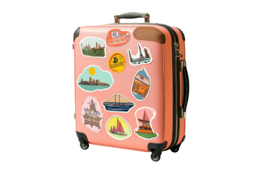 Suitcase with travel stickers from iconic landmarks on a transparent background - Powered by Adobe