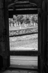 Obraz premium old white crosses and tombstones in a rundown forgotten cemetery in Poland