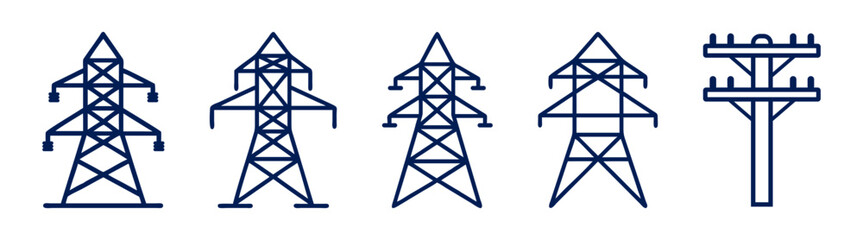 Transmission tower icon set. Power utility transmission symbol in blue color.