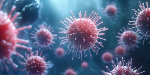Closeup of pink virus cells.