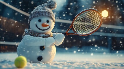 Cheerful snowman playing tennis under snowfall in the evening.