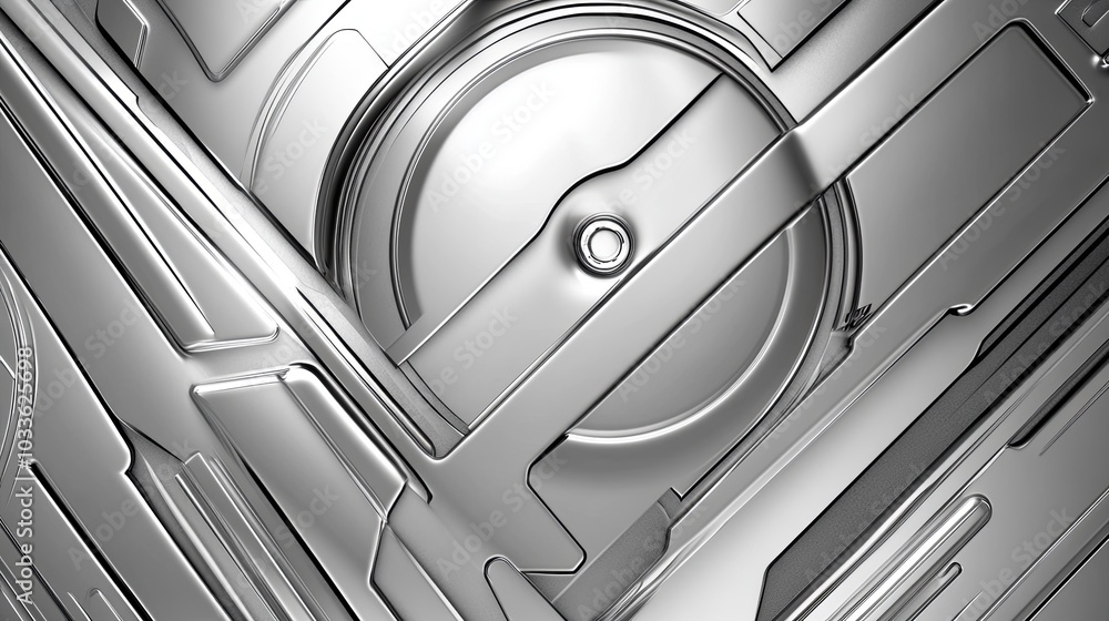 Aufkleber a close-up view of a metallic surface featuring intricate geometric patterns and circular elements.
