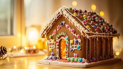 Fototapeta premium Christmas Eve gingerbread house, beautifully decorated with candy and icing, soft warm light