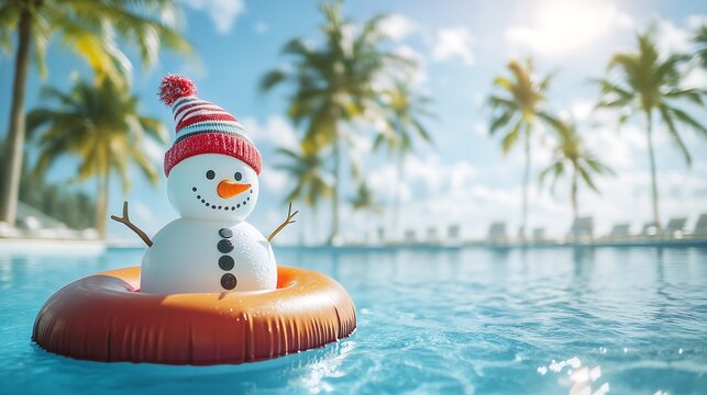 Cheerful snowman on a pool float in a tropical paradise with palm trees under the summer sun. Symbolizing adaptability, resilience and positivity.