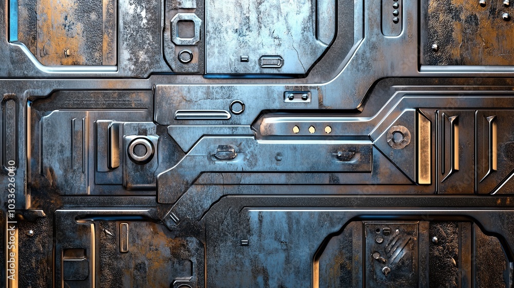 Poster close-up of a futuristic metallic panel with intricate patterns and textures.