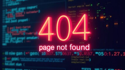404 error page with red neon text on screen. Website error 404 displayed on screen with glowing red effect