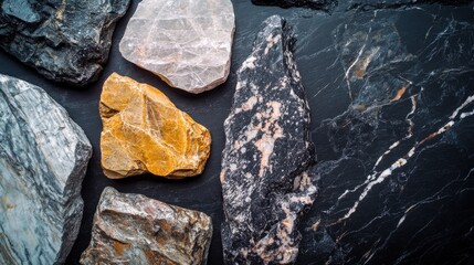 A stunning arrangement of various rocks and minerals showcases their unique textures and colors. The collection features shiny crystals and rough stones, highlighting the beauty of natural geology.