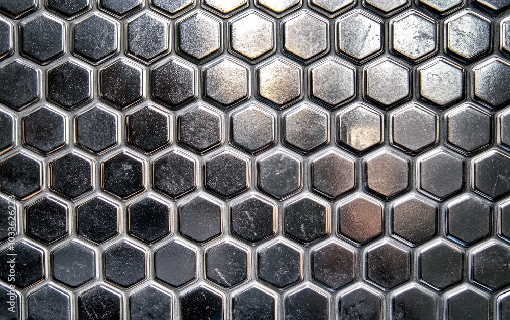 Poster a close-up view of a metallic hexagonal pattern, showcasing texture and design.