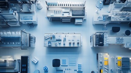 Top-Down View of a Modern, Sterile Laboratory with Multiple Workstations