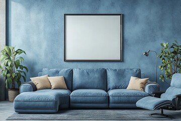 Blue Modular Sofa and Recliner Chair by a Stucco Wall with Art Frame. Minimalist Modern Living Room Design.