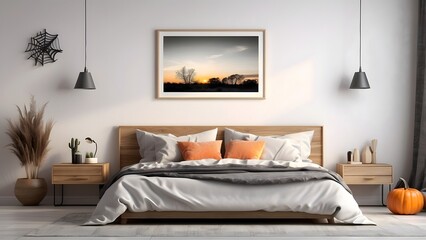 Modern minimalist landscape wall art mockup with bed for Halloween, blank frame for horizontal wall art mockup bedroom, Halloween vibes of the room interior