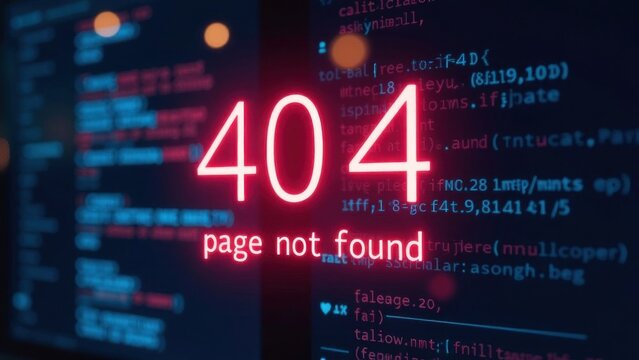 404 error page with red neon text on screen. Website error 404 displayed on screen with glowing red effect