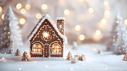 Naklejka premium Christmas gingerbread house decoration on white background of defocused golden lights. Hand decorated.