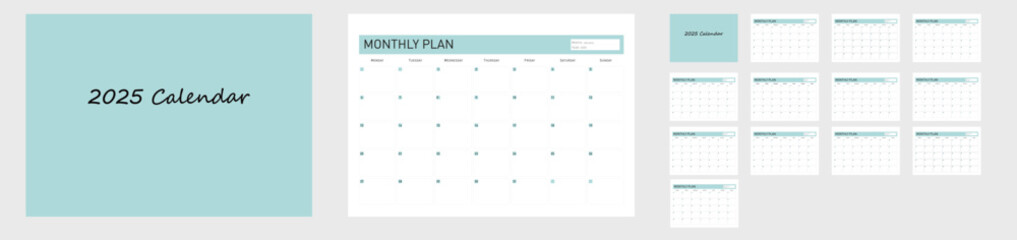Fototapeta premium Monthly calendar template for 2025 year. Wall calendar 2025 in a minimalist style. Set of 12 months. Desk calendar 2025. Planner. printing template. office organizer.