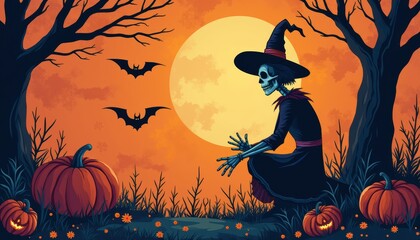 Pumpkin in Halloween night sky, bat in eerie card art. Holiday wallpaper with mysterious moon, happy celebration at event.