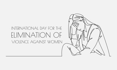 International Day for the Elimination of Violence against Women. Illustration of woman crying, covering her face with her hand. Continuous one line drawing style.