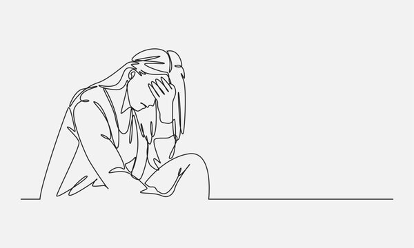 recommend clip art: Illustration of a woman crying, sad, depressed. Female covering her face with her hand. Continuous one line drawing style.
