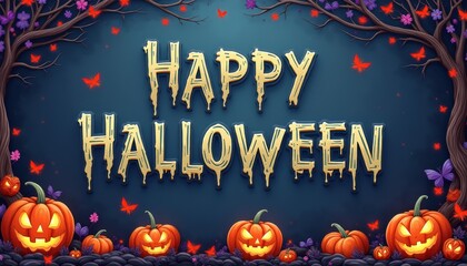 Halloween wallpaper with pumpkin in dark night, cobweb art. Spooky greeting card for October celebration, happy moon in sky.