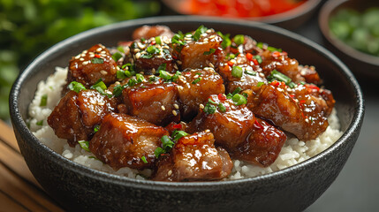 Fototapeta premium Pork leg rice,Steamed rice with braised pork leg, ready to eat