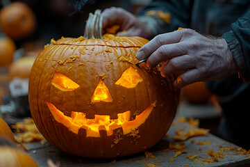 Generative AI photo of funny halloween pumpkins outdoors horror autumn night decor