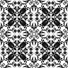 Seamless black and white pattern, tiles with azulejo style flowers and leaves. 