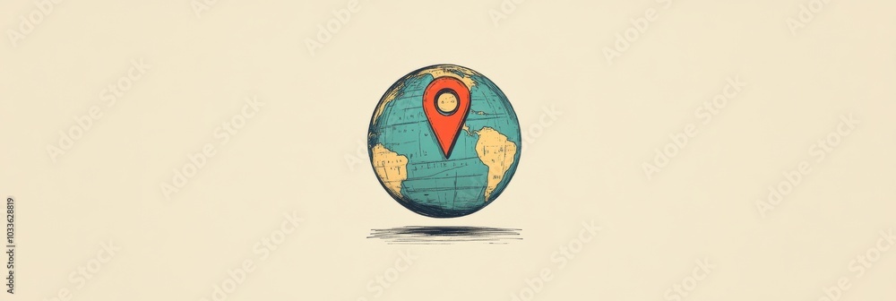 Poster a globe is depicted with a simple design, featuring a highlighted location pin that marks a specific