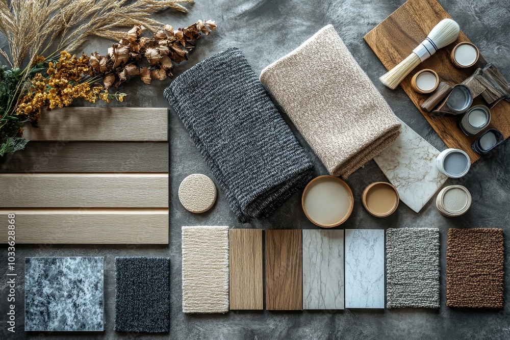 Wall mural Elegant architect moodboard flat lay composition in light grey, black and brown color palette with textile and paint samples, wooden panels and marble, Generative AI