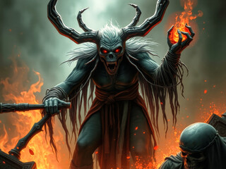 A demon with horns and a skull on its face is holding an apple in its hand. The demon is surrounded by fire, and there are other figures in the background. Scene is dark and ominous