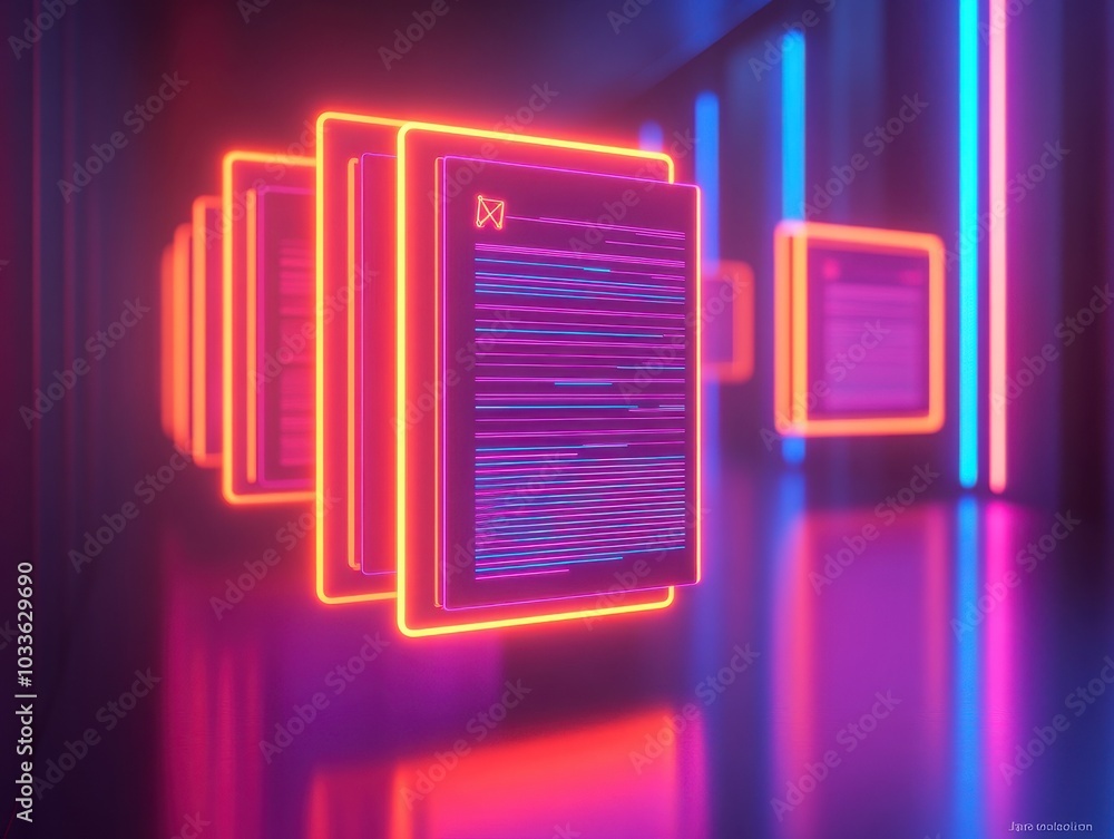 Poster a vibrant digital scene featuring neon-lit screens displaying data, perfect for tech and modern desi