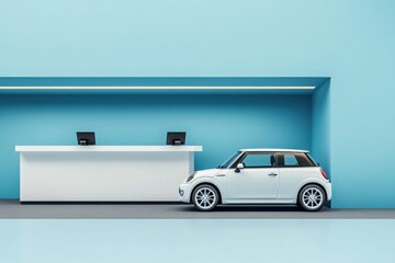A clean and minimalist car rental counter displays a sleek white vehicle. The bright blue walls enhance the modern aesthetic of the space, creating a welcoming atmosphere for customers.