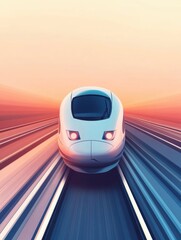Fototapeta premium A sleek train icon moves along the rails, surrounded by a vibrant sunset sky, symbolizing speed and modern travel. Generative AI