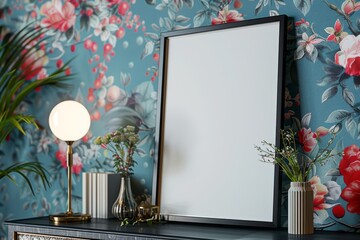a sleek black frame mockup on sideboard, tilted, side to wall, floral, soft diffused light, bright 