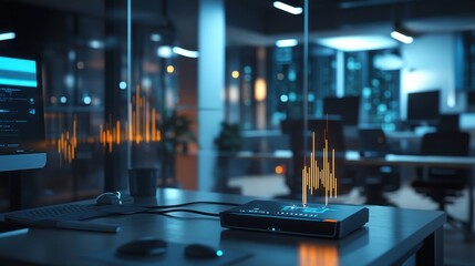 In a modern office, a sleek router sits on a desk, illuminated by ambient light. A digital waveform visualization hovers above, symbolizing connectivity and data flow in a high-tech workspace.