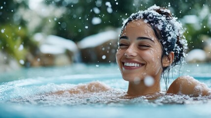 Fototapeta premium A content woman smiles broadly while soaking in an outdoor jacuzzi as snow gently falls around her, capturing a perfect blend of relaxation and winter joy.