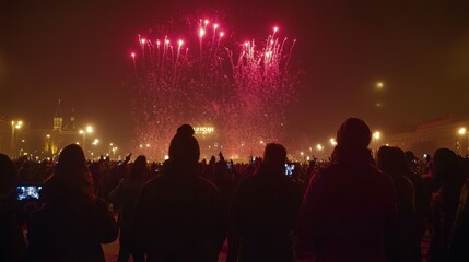 Fototapeta premium A crowd watches a vibrant fireworks display lighting up the night sky.