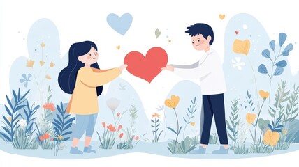 Fototapeta premium A colorful illustration of a couple exchanging a heart, surrounded by flowers and whimsical elements, symbolizing love and connection.