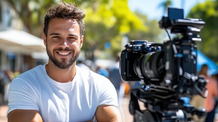 On a bright sunny day, a smiling man relaxes in an active street environment, poised next to a camera and ready to capture the surrounding bustling scenes.