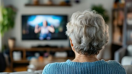 An older woman observes a yoga session on her television in a home setting, reflecting the pursuit of physical wellness and mental serenity amidst the digital era.