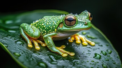 A vibrant frog resting on a leaf with droplets.