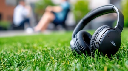 A pair of sleek headphones rests on vibrant green grass with a blurred background, capturing a serene outdoor setting with subtle focus on technology and nature's harmony.