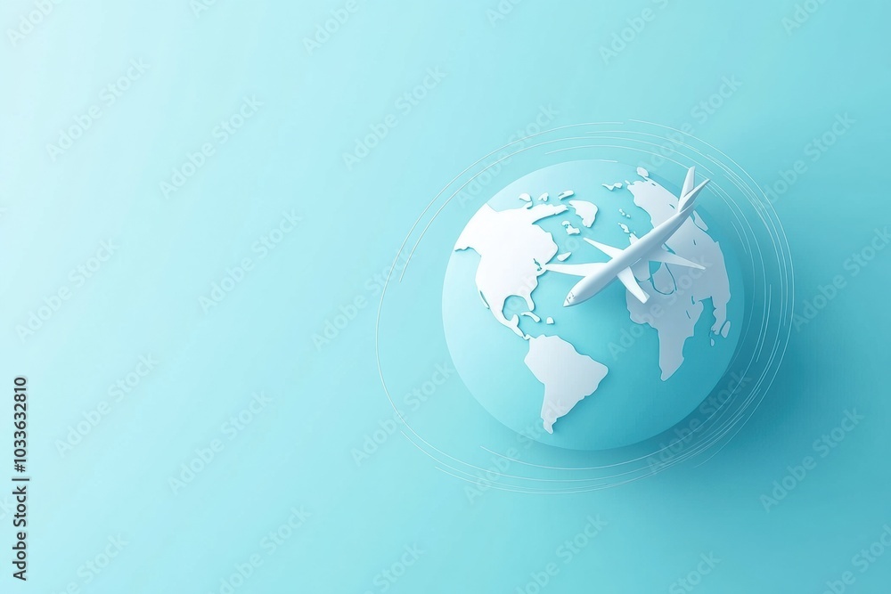 Fototapete a globe features an airplane tracing a path around it, illustrating themes of global exploration and